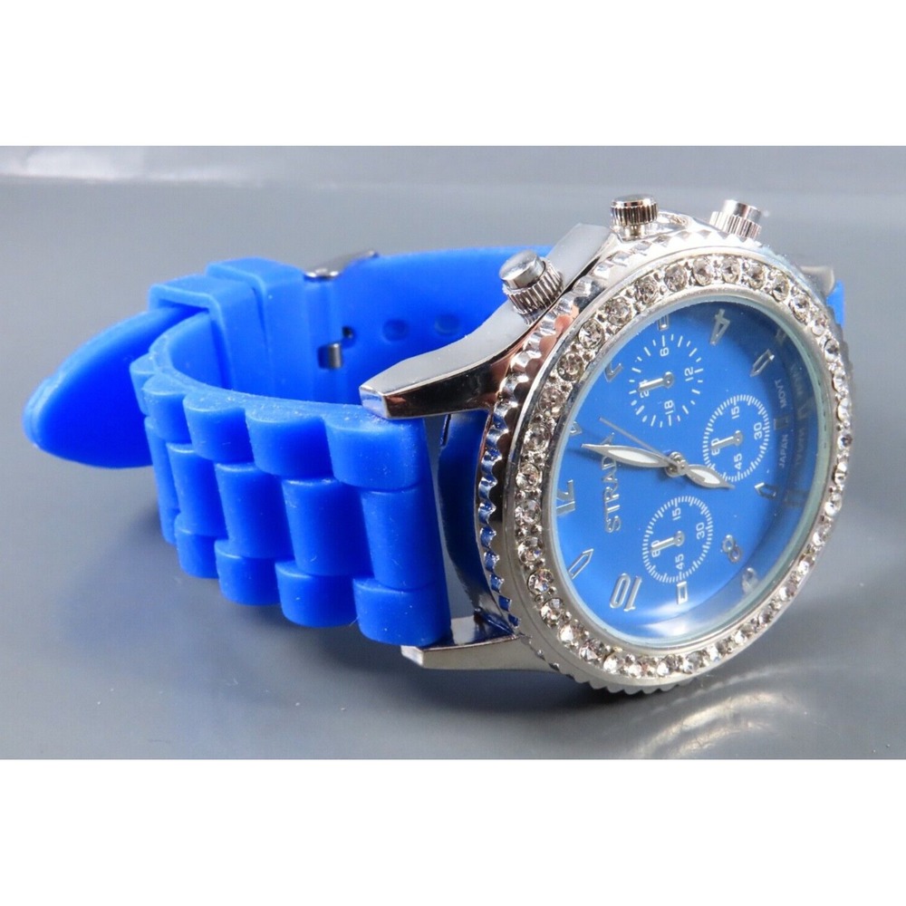 STRADA WRIST WATCH Blue Silicone Sport Band SILVER w/CLEAR CRYSTALS Big Dial